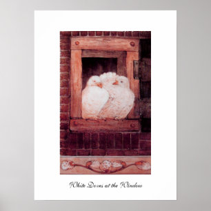 Póster PALOMAS BLANCAS EN LA VENTANA, anique rojo rosa