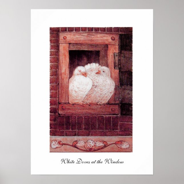 Póster PALOMAS BLANCAS EN LA VENTANA, anique rojo rosa (Frente)