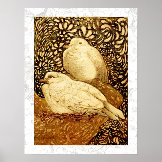 PÓSTER PALOMAS BLANCAS EN SEPIA MARRÓN (Frente)