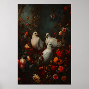 Póster Palomas en Jardín Oscura Academia, Pared Botánica