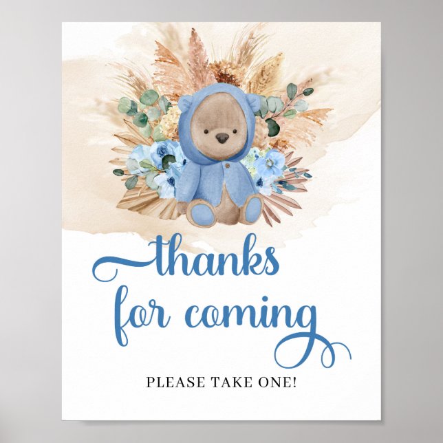 Póster Pampas de flores azules de oso de peluche gracias  (Frente)