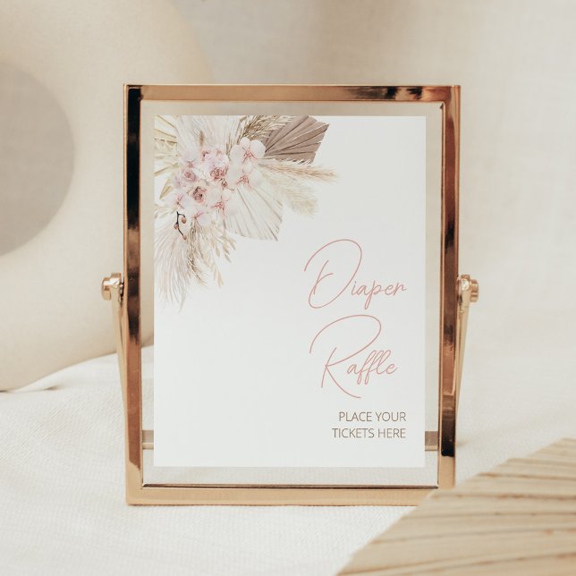 Póster Pampas Floral Rosa Boho Baby Shower Diaper Raffle (Girl Pampas Grass Baby Shower Diaper Raffle Sign)