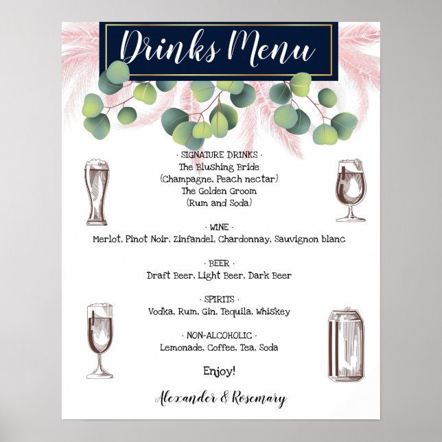 Póster Pampas Grass & Eucalyptus Drinks Menu Wedding Sign (Frente)