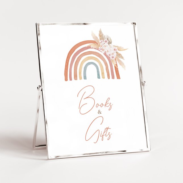 Póster Pampas Rosadas Boho libros y regalos con arcoiris (Girl Boho Rainbow Baby Shower Books and Gifts Sign)