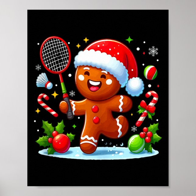 Póster Pan de jengibre Navidad jugando bádminton divertid (Frente)