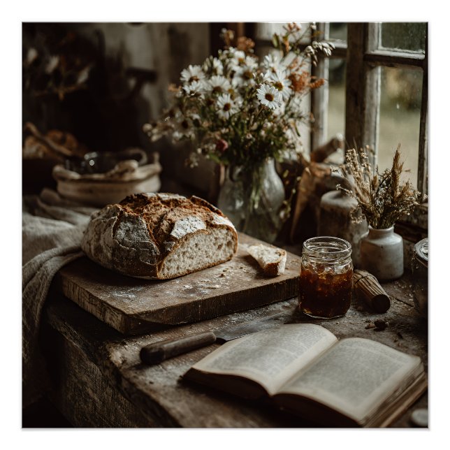 Póster Pan de masa madre rústico y flores silvestres (Anverso)