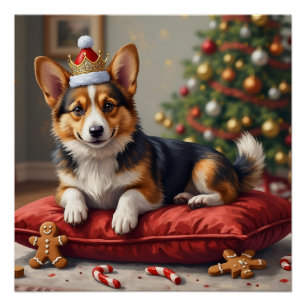 Póster Pan de Navidad de perro Corgi con arte de corona d