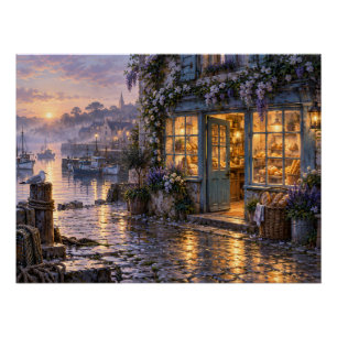 Póster Panadería de pueblo costero al amanecer