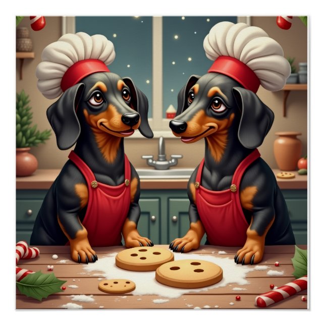 Póster Panaderos de galletas de Navidad Dachshund Pintura (Anverso)