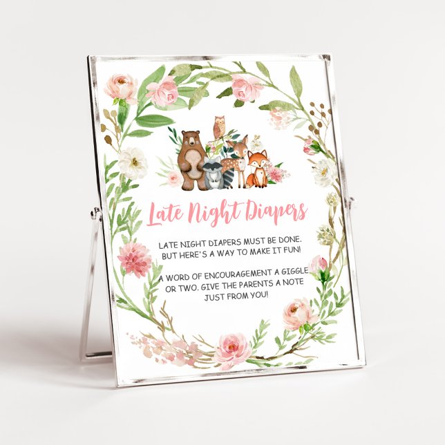 Póster Pañales Florales Rosa Bosque Noche (Girl Woodland Animals Baby Shower Late Night Diapers Sign)