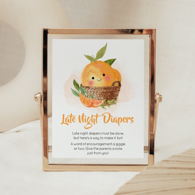 Póster Pañales Noche Tarde Little Cutie Citar Orange (Little Cutie Orange Citrus Baby Shower Late Night Diapers Sign)