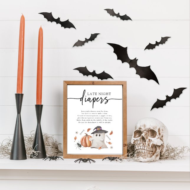 Póster Pañales Nocturnos de Halloween (Halloween Late Night Diapers Game Sign A Little Boo Is Almost Due Ghost Pumpkin Baby Shower)