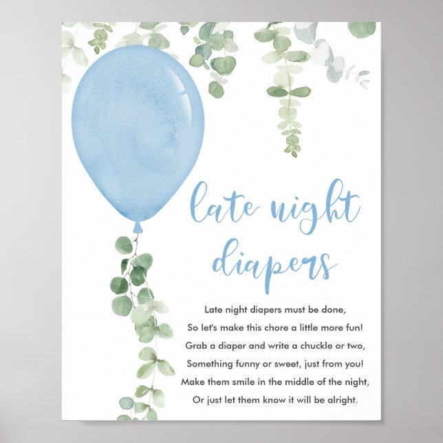 Póster pañales nocturnos firmar globos azules ducha bebé (Frente)