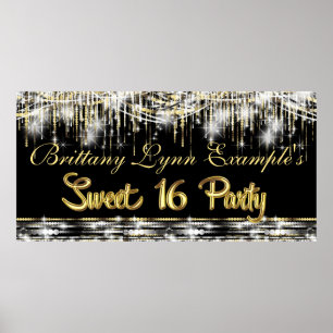 Póster Pancarta de 16 Fiestas de Glam Dulce Negro y Oro