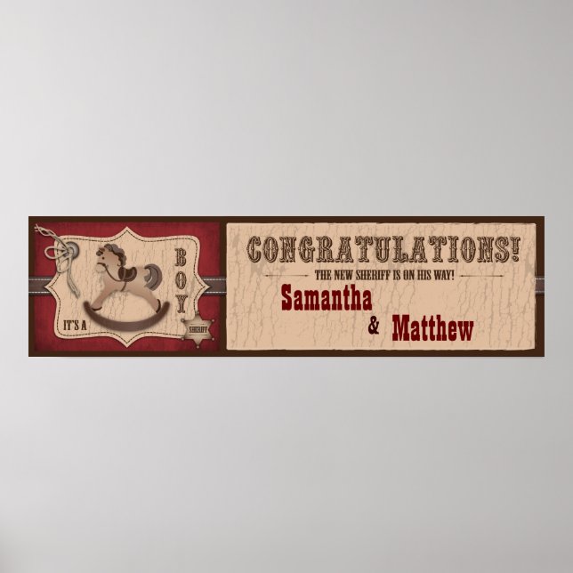 Póster Pancarta de Baby Shower de Cowboy Rocking Horse (Frente)