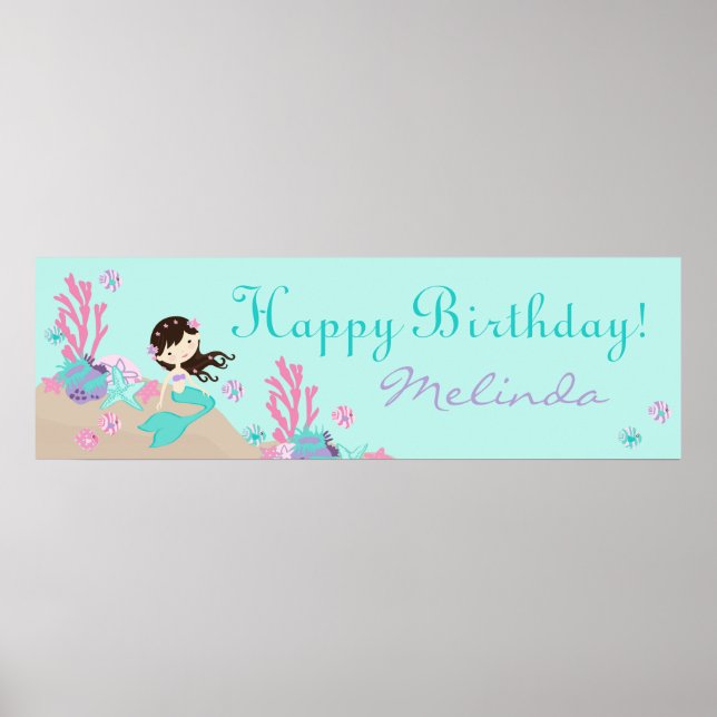 Póster Pancarta de cumpleaños de Brunette Mermaid (Frente)