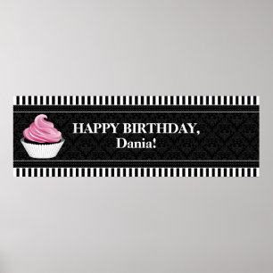 Póster Pancarta de cumpleaños de Damask y Cupcake persona