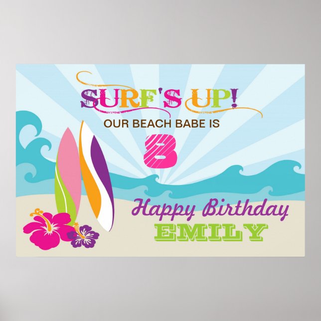 Póster Pancarta de cumpleaños temática de surf y playa (Frente)