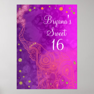 Póster Pancarta de Elephant Purple Pink Naranja y Fiesta