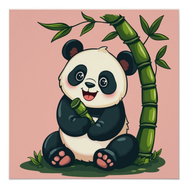 Póster Panda Adorable Abraza Bambú Arte de Dibujos Animad (Anverso)