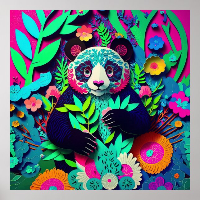 Póster Panda Arcoíris Recorte de Papel Falso (Frente)
