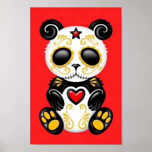 Póster Panda azucarero zombi amarillo en rojo
