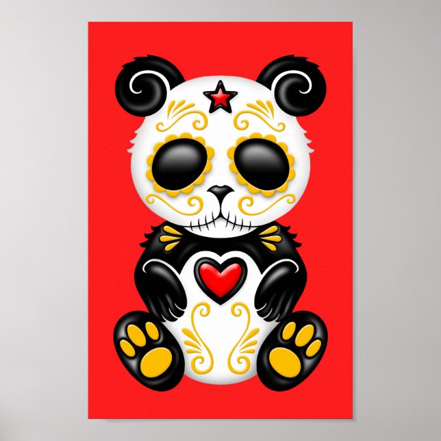 Póster Panda azucarero zombi amarillo en rojo (Frente)