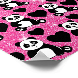 Póster Panda Bear Animal Lover Black Hearts Purpurina Ros