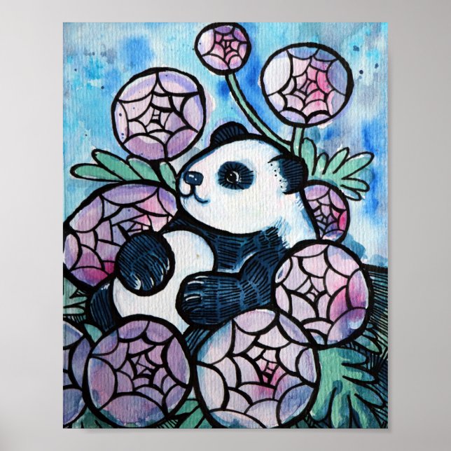 Póster Panda Bear Flores Moradas Amantes de la Naturaleza (Frente)