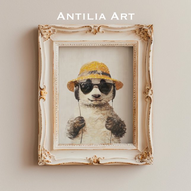 Póster Panda con Gorra de paja y audífonos en gafas de so (Subido por el creador)