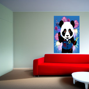 Póster Panda con uniforme y fuegos artificiales   Poster 