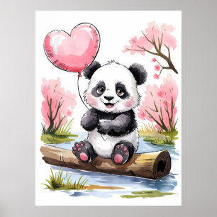 Póster Panda de bebé lindo con globo cardíaco - acuarela