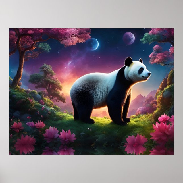 Póster Panda en un jardín de fantasía (Frente)