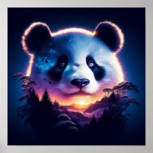 Póster Panda Face con el bosque surrealista y la puesta d