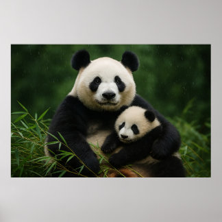 Póster Panda Mother & Cub in Gentle Rain