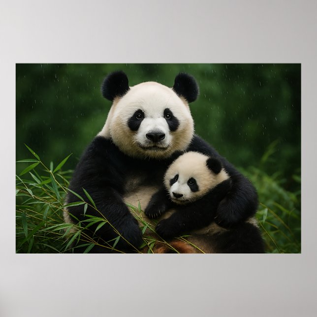 Póster Panda Mother & Cub in Gentle Rain (Frente)