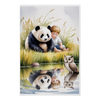 PÓSTER PANDA, NIÑO Y BÚHO