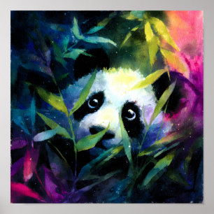 Póster Panda Peeking Bamboo Watercolor