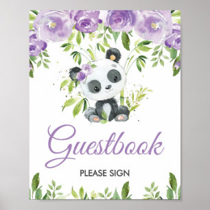 Póster Panda Purple Floral Greenery Bamboo Rótulo Guestbo