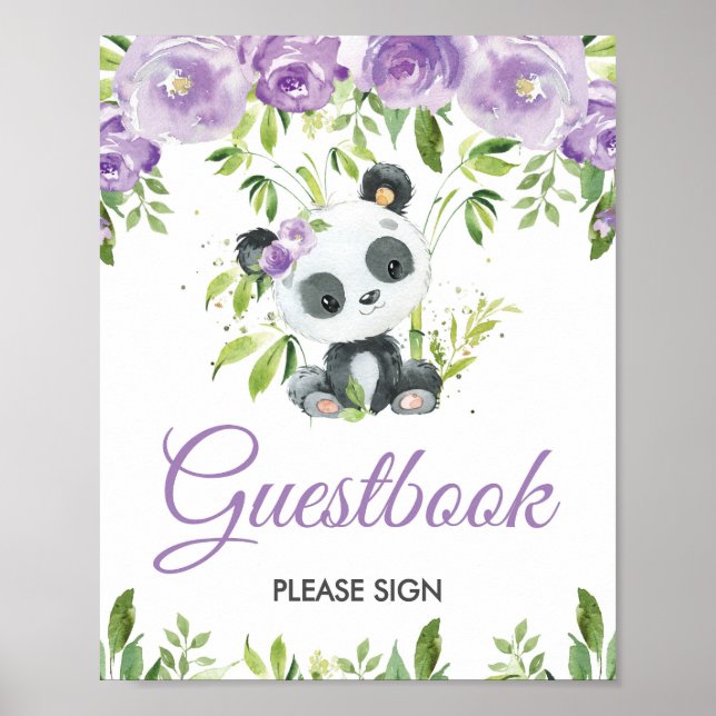 Póster Panda Purple Floral Greenery Bamboo Rótulo Guestbo (Frente)
