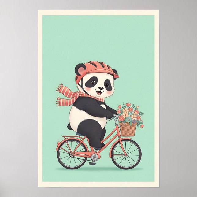 Póster Panda Riding Bicycle Nursery Art (Frente)