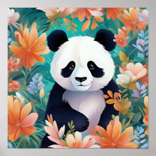 Póster Panda Rodeado de flores