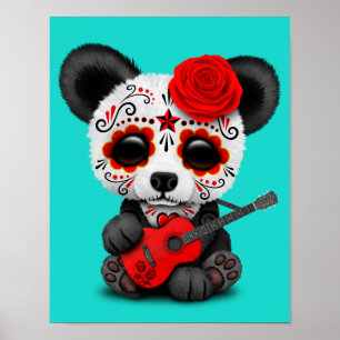 Póster Panda roja del cráneo del azúcar que toca la