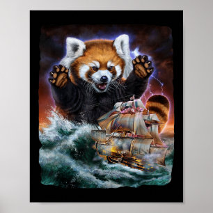 Póster Panda Rojo Monstruo Mientras Kraken Ataca Un Barco