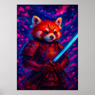 Póster Panda rojo Samurai con fantasía de Katana brillant