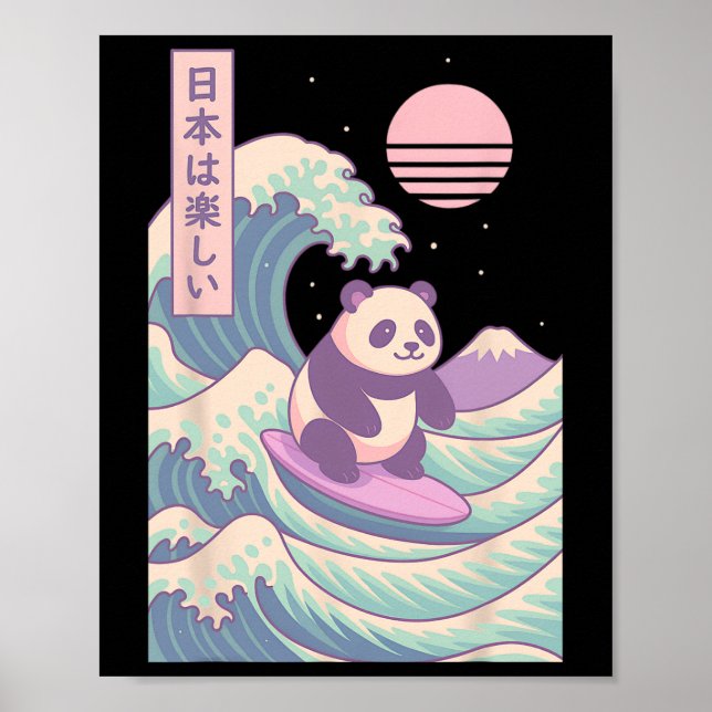 Póster Panda surfeando ola japonesa Japón (Frente)