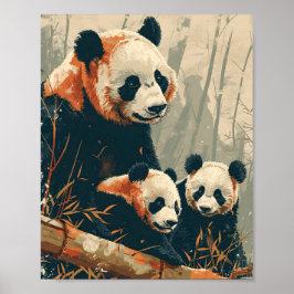 Póster Panda y cachorros: Vintage