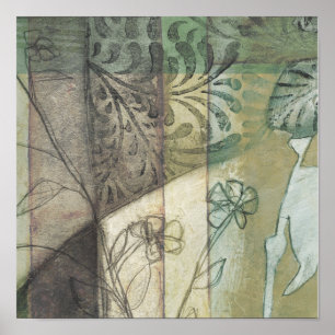 Póster Panel de jardín con hojas, flores y hierba