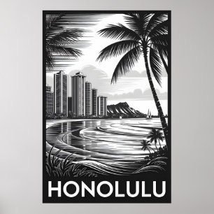 Póster Panorama de Honolulu Hawaii en negro y blanco esti