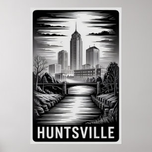 Póster Panorama de Huntsville Alabama en negro y blanco e